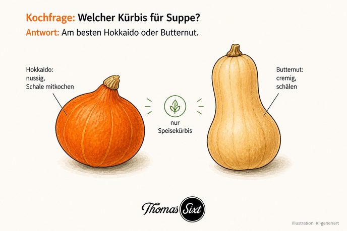 Welcher Kürbis für Suppe: runder oranger Hokkaido und birnenförmiger heller Butternut nebeneinander, mit Hinweis nur Speisekürbis