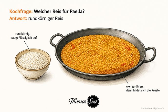 Schale mit rundkörnigem Reis neben einer Paellapfanne mit goldener Bodenkruste als Illustration