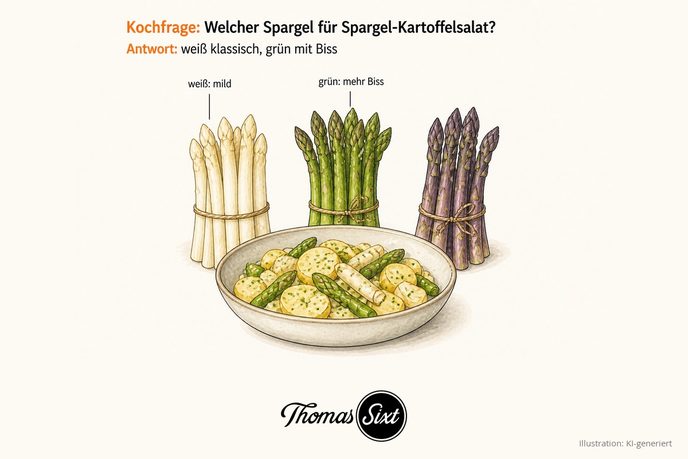 Drei Bündel Spargel nebeneinander, weiß, grün und violett, davor eine Schüssel Kartoffelsalat mit Spargelstücken, als Illustration