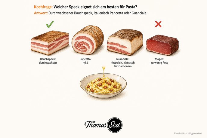Vier Speckstücke nebeneinander: durchwachsener Bauchspeck mit grünem Haken, gerollte Pancetta, fettreicher Guanciale und ein magerer roter Speck mit rotem Kreuz, darunter eine Schale Bandnudeln