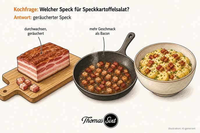 Ein Stück durchwachsener Räucherspeck auf einem Brett, daneben knusprig ausgebratene Speckwürfel in einer Pfanne und eine Schüssel Kartoffelsalat, als Illustration