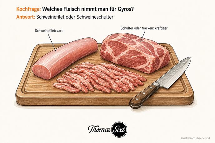 Rohes Schweinefilet und Schweineschulter auf einem Brett, daneben dünn geschnittene Fleischstreifen für Gyros, als Illustration