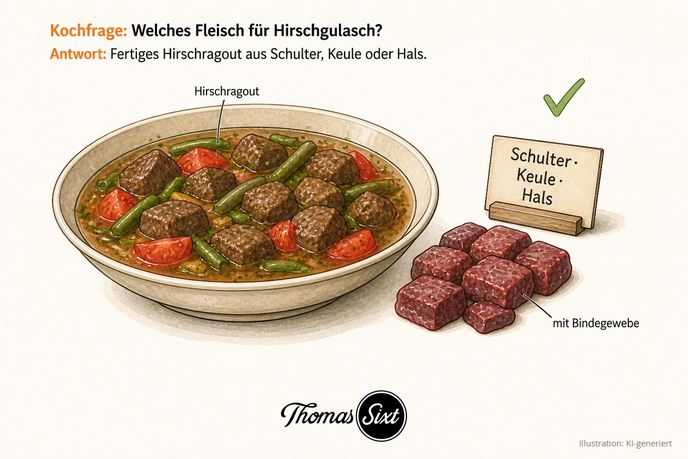 Welches Fleisch für Hirschgulasch: eine Schale Hirschgulasch im Thymianfond mit Fleischwürfeln, grünen Bohnen und Tomaten, daneben rohe Hirsch-Ragoutwürfel und ein Schild Schulter Keule Hals