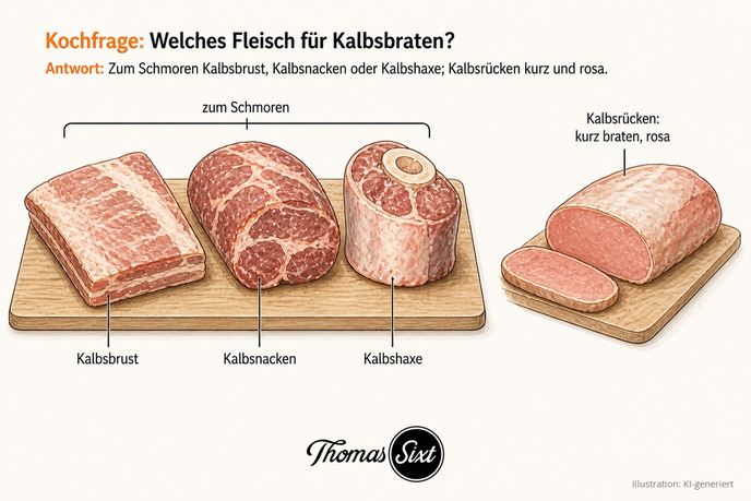 Grafik Fleisch für Kalbsbraten, bindegewebsreiche Schmorstücke Kalbsbrust, Kalbsnacken und Kalbshaxe auf einem Brett und ein magerer Kalbsrücken mit rosa Scheibe