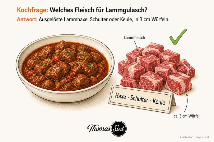 Welches Fleisch für Lammgulasch: eine Schale kräftiges dunkles Lammgulasch, daneben rohe Lammfleisch-Würfel und ein Schild Haxe Schulter Keule