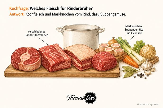 Grafik Welches Fleisch für Rinderbrühe, mehrere Stücke Rinder-Kochfleisch im Vordergrund, dahinter Markknochen, Suppengemüse und ganze Gewürze und ein großer Topf