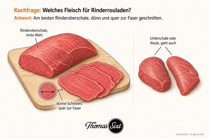 Grafik Fleisch für Rinderrouladen, magere Rinderoberschale mit dünnen Rouladenscheiben quer zur Faser auf einem Holzbrett und zwei kleinere Stücke Unterschale oder Keule