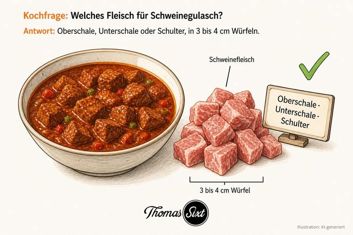 Welches Fleisch für Schweinegulasch: eine Schale dunkelrotes ungarisches Schweinegulasch, daneben rohe Schweinefleisch-Würfel und ein Schild Oberschale Unterschale Schulter