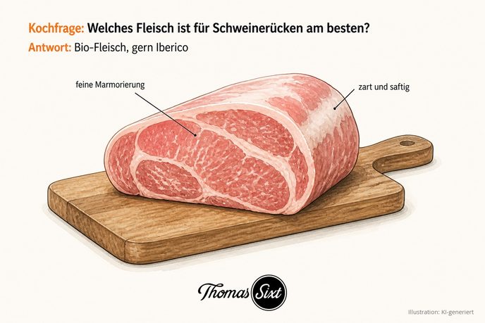 Rohes fein marmoriertes Stück Schweinerücken auf einem Schneidebrett als Illustration