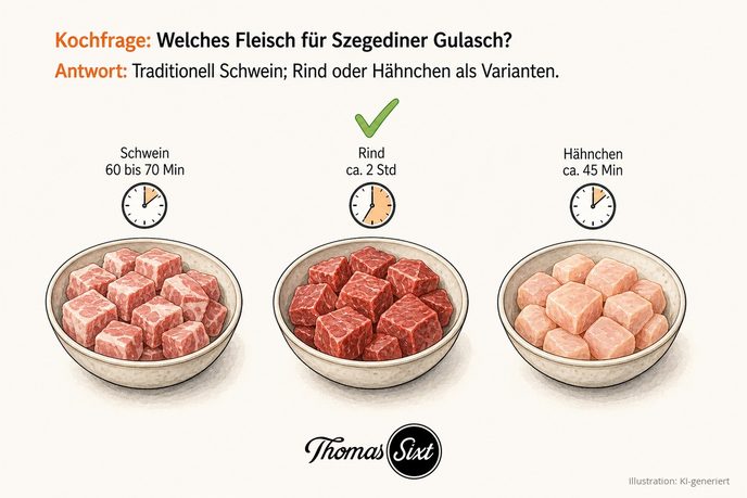 Welches Fleisch für Szegediner Gulasch: drei Schälchen mit Fleischwürfeln und Uhren, Schwein 60 bis 70 Minuten, Rind rund 2 Stunden, Hähnchen etwa 45 Minuten