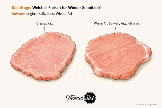 Kalbsschnitzel als Original neben Schweine-, Puten- und Hähnchenschnitzel als Wiener Art, Illustration