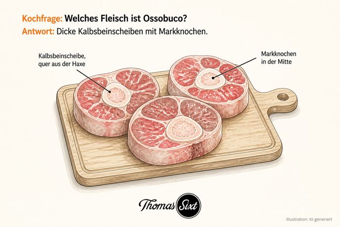 Grafik Welches Fleisch ist Ossobuco, drei rohe dicke Kalbsbeinscheiben auf einem Brett mit rundem Markknochen in der Mitte