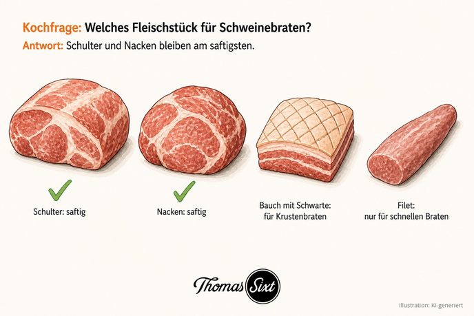 Vier Schweinefleischstücke nebeneinander: Schulter und Nacken mit grünem Haken, Bauch mit rautenförmig eingeschnittener Schwarte und schlankes Filet