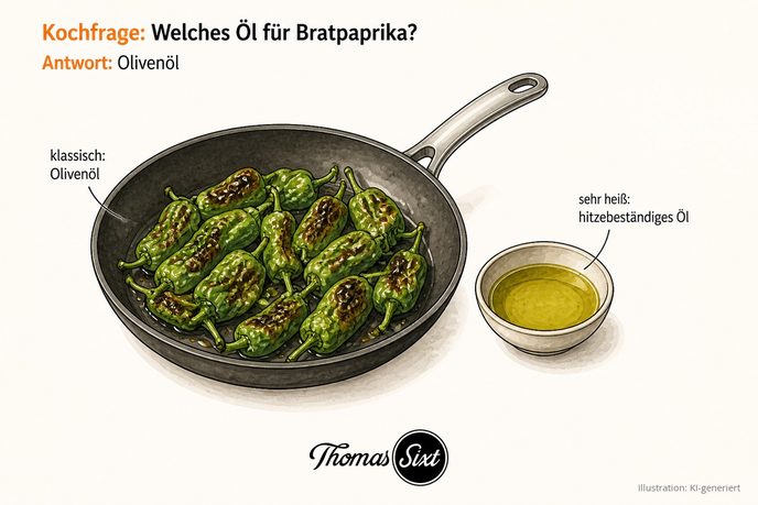 Pfanne mit gebratenen Pimientos und eine Schale Olivenöl als Illustration