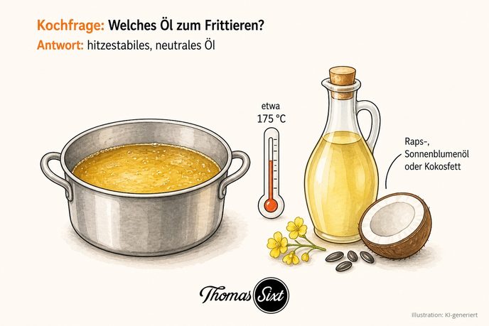 Topf mit heißem Frittieröl, Thermometer mit 175 Grad und ein Ölkännchen mit Raps und Kokos als Illustration
