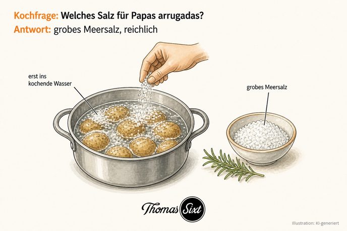 Topf mit kleinen Kartoffeln und Wasser, eine Hand streut grobes Meersalz hinein, als Illustration