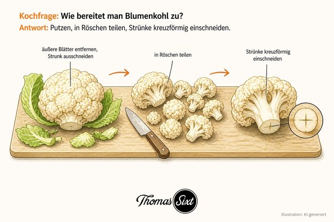 Grafik Wie bereitet man Blumenkohl zu, ein ganzer Blumenkohl ohne äußere Blätter, in Röschen zerteilt und ein Röschen mit kreuzförmig eingeschnittenem Strunk