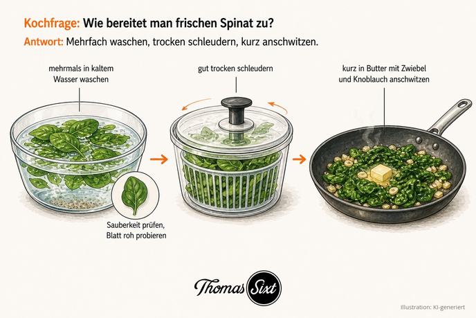 Grafik Wie bereitet man frischen Spinat zu, eine Wasserschüssel mit Sand am Boden, ein Blatt zur Sauberkeitsprobe, eine Salatschleuder und eine Pfanne mit Spinat, Butter, Zwiebel und Knoblauch