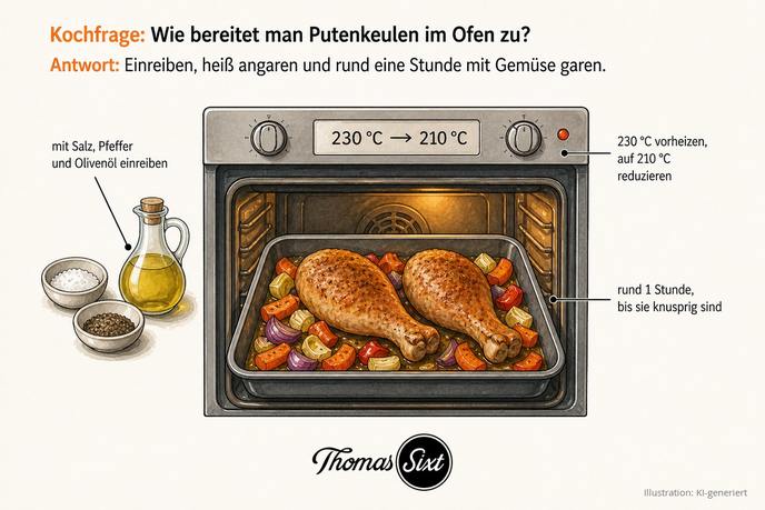 Grafik Wie bereitet man Putenkeulen im Ofen zu, ein Backofen mit einem Bräter, zwei goldbraune Putenunterkeulen mit Ofengemüse, Schälchen mit Salz und Pfeffer und ein Kännchen Olivenöl