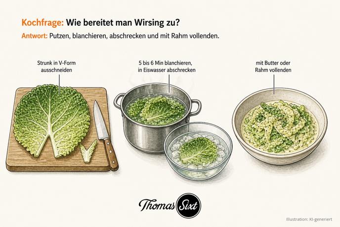 Grafik Wie bereitet man Wirsing zu, ein Wirsingblatt mit V-förmig ausgeschnittenem Strunk auf einem Brett, ein Topf mit grünen Blättern, eine Schüssel Eiswasser und eine Schüssel mit fertigem Rahmwirsing