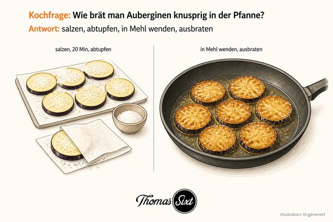 Gesalzene und abgetupfte Auberginenscheiben, daneben goldbraun in der Pfanne ausgebraten, als Illustration