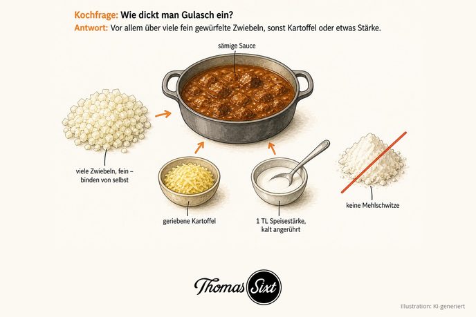 Grafik Gulasch eindicken, Topf mit sämiger Rindergulasch-Sauce und die Binder fein gewürfelte Zwiebeln, geriebene Kartoffel und kalt angerührte Speisestärke, durchgestrichenes Mehl