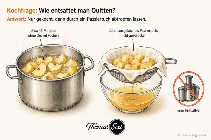 Grafik Wie entsaftet man Quitten, offener Kochtopf mit gelben Quittenstücken und ein Sieb mit Passiertuch über einer Glasschüssel mit klarem goldgelbem Quittensaft, daneben ein durchgestrichener Entsafter
