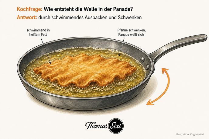 Wiener Schnitzel schwimmt in heißem Fett, die geschwenkte Panade wirft Wellen, als Illustration