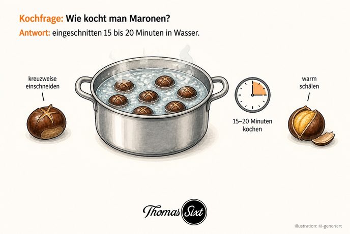 Kochtopf mit sprudelndem Wasser und eingeschnittenen Maronen, daneben eine Uhr mit 15 bis 20 Minuten und eine geschälte Marone als Illustration