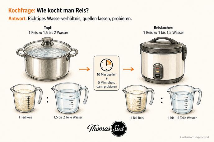 Grafik Wie kocht man Reis, ein Topf mit Verhältnis 1 zu 1,5 bis 2 und ein Reiskocher mit 1 zu 1 bis 1,5, dazu Hinweis quellen und ruhen