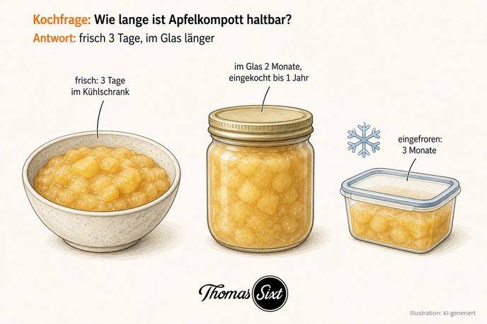 Schale frisches Apfelkompott und ein verschlossenes Schraubglas mit Apfelkompott und Schneeflocken-Symbol als Illustration