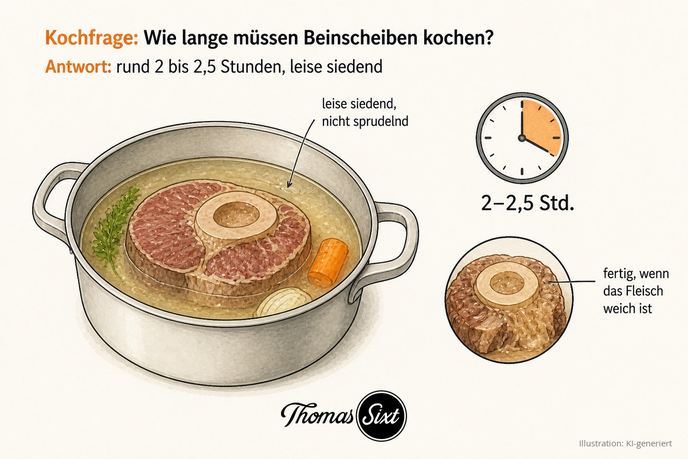 Rinderbeinscheibe in leise siedender Brühe im Topf neben einer Uhr mit gut zwei Stunden als Illustration