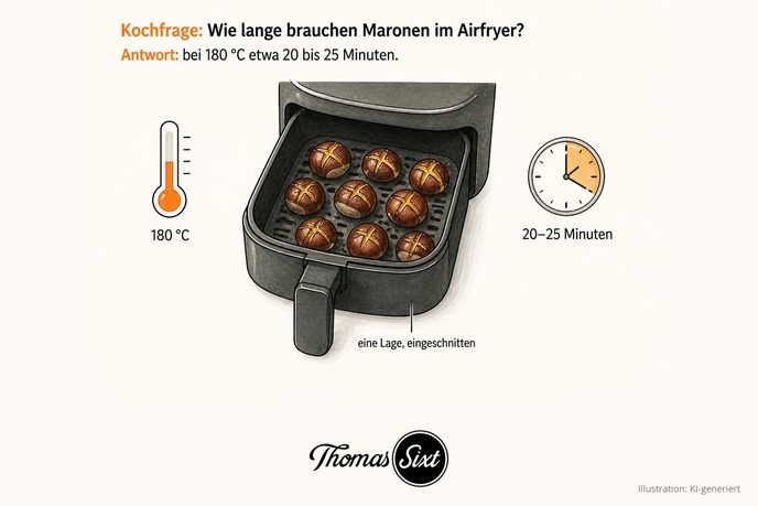 Heißluftfritteuse mit herausgezogenem Korb und eingeschnittenen Maronen in einer Lage, dazu 180 Grad und 20 bis 25 Minuten als Illustration