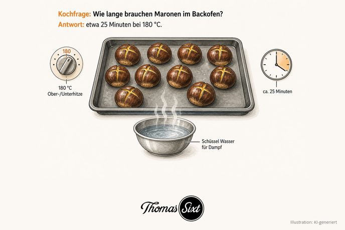 Backblech mit kreuzweise eingeschnittenen Maronen, Ofenregler auf 180 Grad, Uhr mit 25 Minuten und Wasserschüssel als Illustration