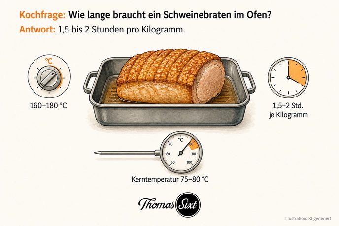 Schweinebraten mit eingeschnittener Schwarte im Bräter, daneben Ofenregler auf 160 bis 180 Grad, Uhr mit 1,5 bis 2 Stunden und Bratenthermometer mit markiertem Bereich 75 bis 80 Grad