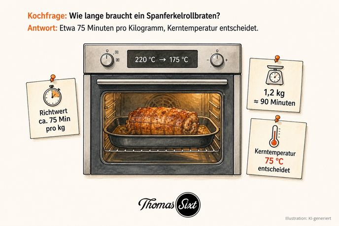 Grafik Wie lange braucht ein Spanferkelrollbraten, ein Backofen mit Spanferkelrollbraten bei 220 auf 175 Grad, Hinweiskärtchen 75 Minuten pro Kilogramm, 1,2 kg rund 90 Minuten und Kerntemperatur 75 Grad