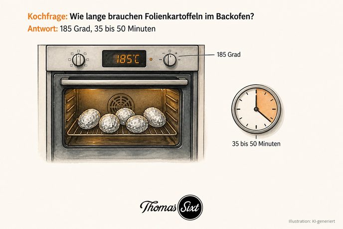 Folienkartoffeln auf dem Rost im Backofen bei 185 Grad, daneben eine Uhr, als Illustration