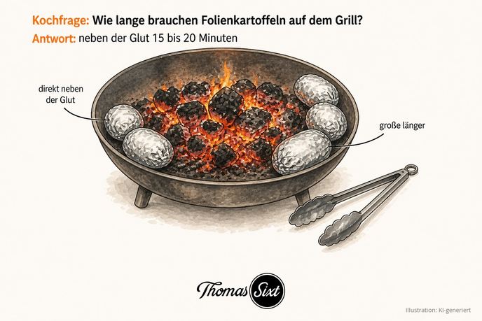 In Alufolie gewickelte Kartoffeln liegen am Rand der Grillglut, als Illustration