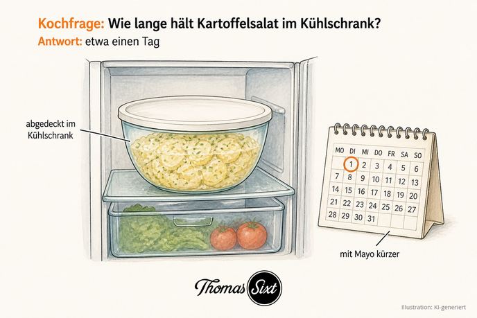 Abgedeckte Schüssel Kartoffelsalat im Kühlschrank, als Illustration