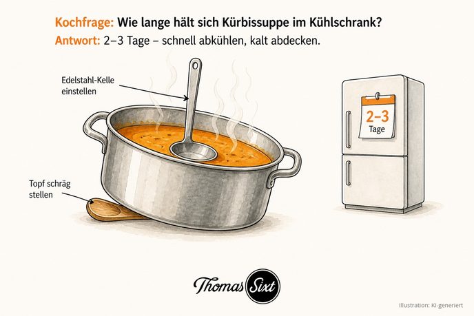 Wie lange hält sich Kürbissuppe im Kühlschrank: ein Topf Kürbissuppe mit eingestellter Edelstahl-Schöpfkelle und leicht schräg gestelltem Topf zum schnellen Abkühlen, daneben ein Kühlschrank mit 2 bis 3 Tagen