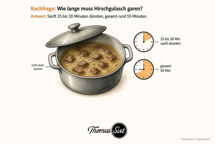 Wie lange muss Hirschgulasch garen: ein Topf mit Deckel und Hirschragout im Thymianfond, daneben eine Uhr mit 25 bis 30 Minuten und ein Hinweis gesamt 55 Minuten