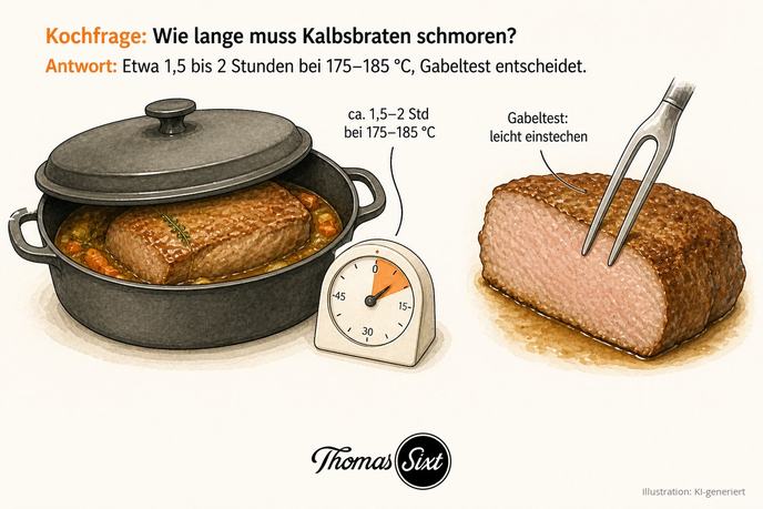 Grafik Schmorzeit Kalbsbraten, Bräter mit Deckel und Küchentimer 1,5 bis 2 Stunden und Gabeltest mit zweizinkiger Fleischgabel