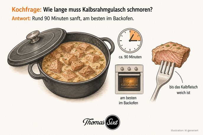 Wie lange muss Kalbsrahmgulasch schmoren: ein Schmortopf mit Deckel und Kalbsrahmgulasch, eine Uhr die etwa anderthalb Stunden zeigt, ein Ofensymbol und eine Gabel mit zartem Kalbfleisch
