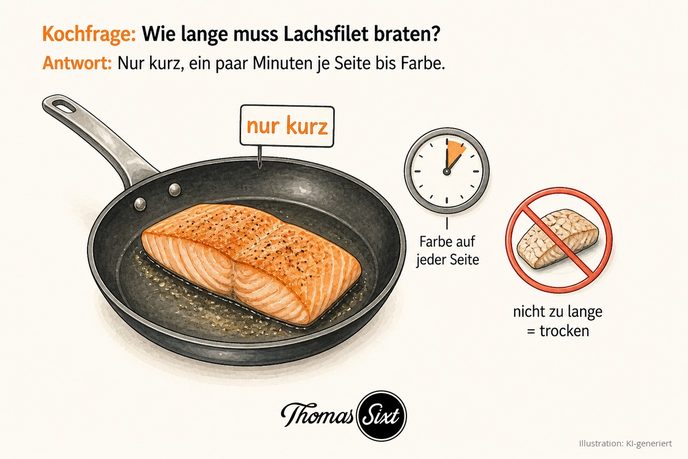 Wie lange muss Lachsfilet braten: ein Lachsfilet in der Pfanne, das je Seite kurz Farbe nimmt, daneben eine kleine Uhr und der Hinweis nicht zu lange
