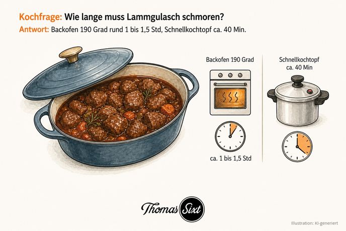 Wie lange muss Lammgulasch schmoren: ein ovaler Bräter mit Deckel und dunklem Lammgulasch, daneben Hinweise Backofen 190 Grad rund 1 Stunde und Schnellkochtopf 40 Minuten