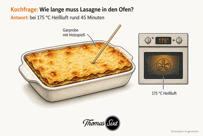 Auflaufform mit goldener Lasagne, Backofen mit 175 Grad und Garprobe mit Holzspieß als Illustration