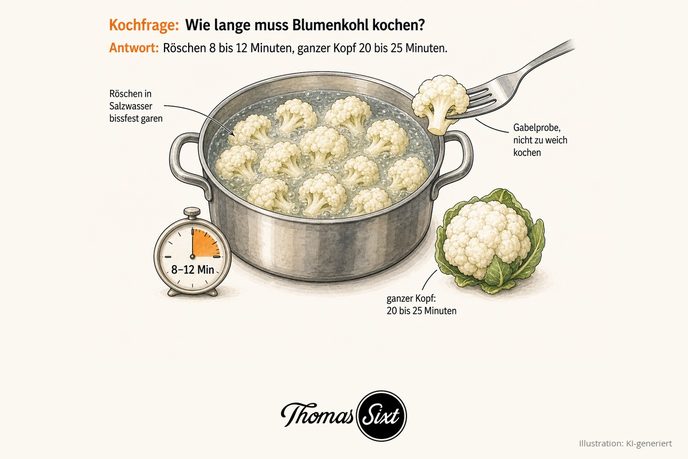 Grafik Wie lange muss Blumenkohl kochen, ein Topf mit Blumenkohlröschen in Salzwasser, eine Küchenuhr mit 8 bis 12 Minuten, eine Gabelprobe und ein ganzer Blumenkohlkopf
