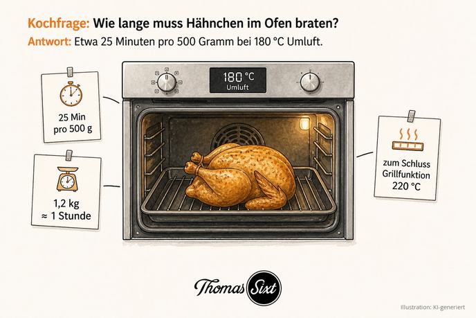 Grafik Wie lange muss Hähnchen im Ofen braten, ein Backofen mit einem Brathähnchen auf dem Rost bei 180 Grad Umluft, Hinweiskärtchen 25 Minuten pro 500 Gramm und Grillfunktion 220 Grad