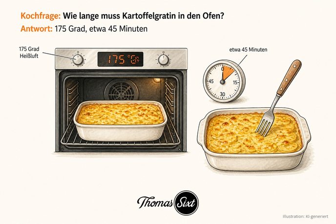 Kartoffelgratin in der Auflaufform im Backofen bei 175 Grad, daneben eine Uhr und eine Fleischgabel, als Illustration