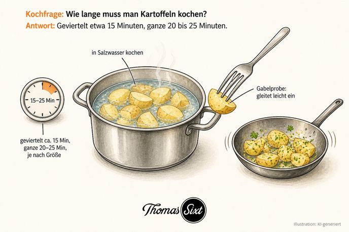 Grafik Wie lange muss man Kartoffeln kochen, ein Topf mit Kartoffelstücken in Salzwasser, eine Küchenuhr, eine Gabelprobe mit der Fleischgabel und eine Pfanne mit Butterkartoffeln